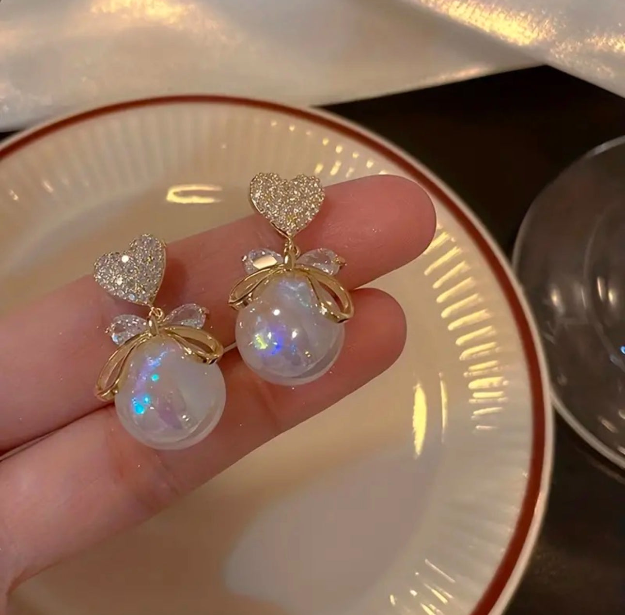 Trendy heart bow pearl drop dangler earrings