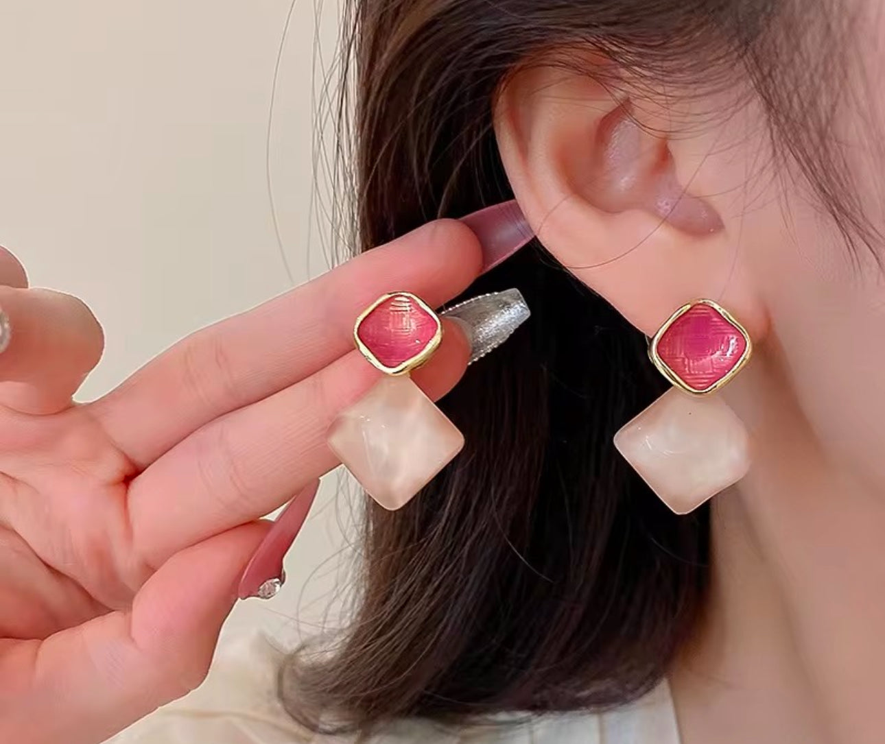 Pink oil dripping acrylic dangler earrings