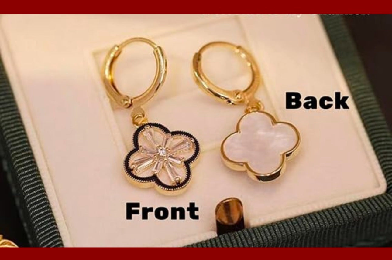 Two sided trendy leaf clover huggie earrings