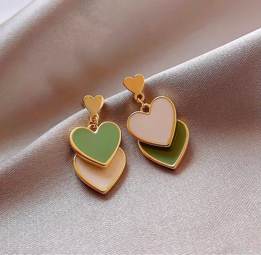 Double heart enamel green tone earrings