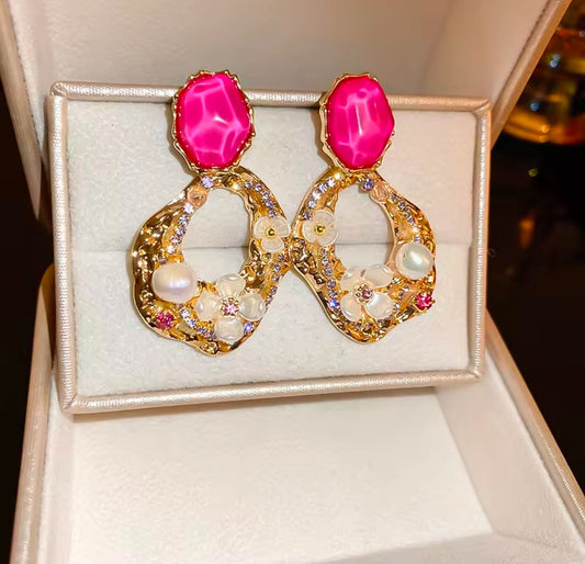 Pink vintage style decorded  dangler  earrings