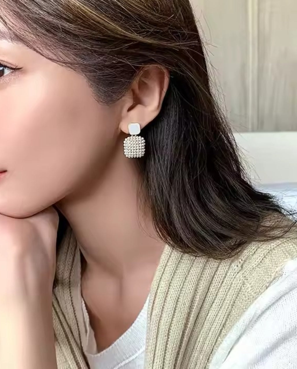 Geometric Pearl square drop earrings
