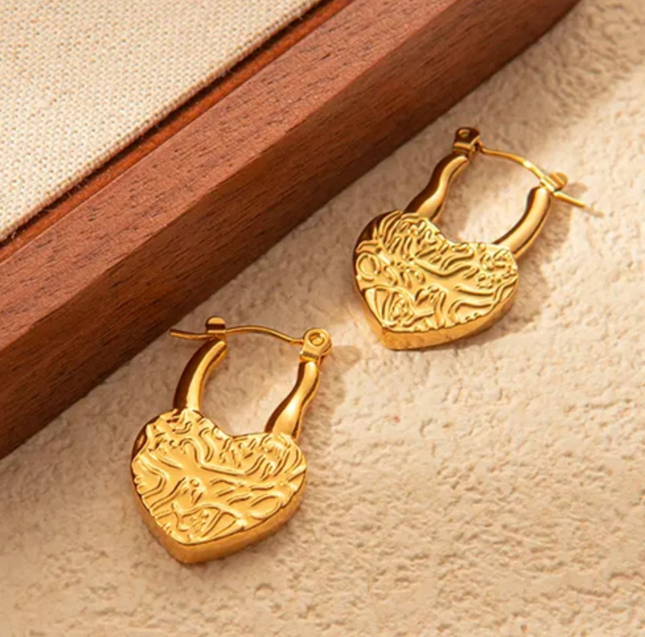 Textured heart lock anti tarnish earrings