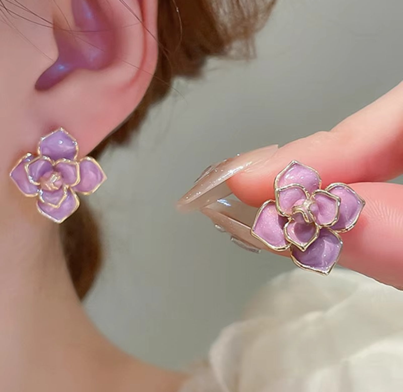 Purple  flower drop oil stud earrings