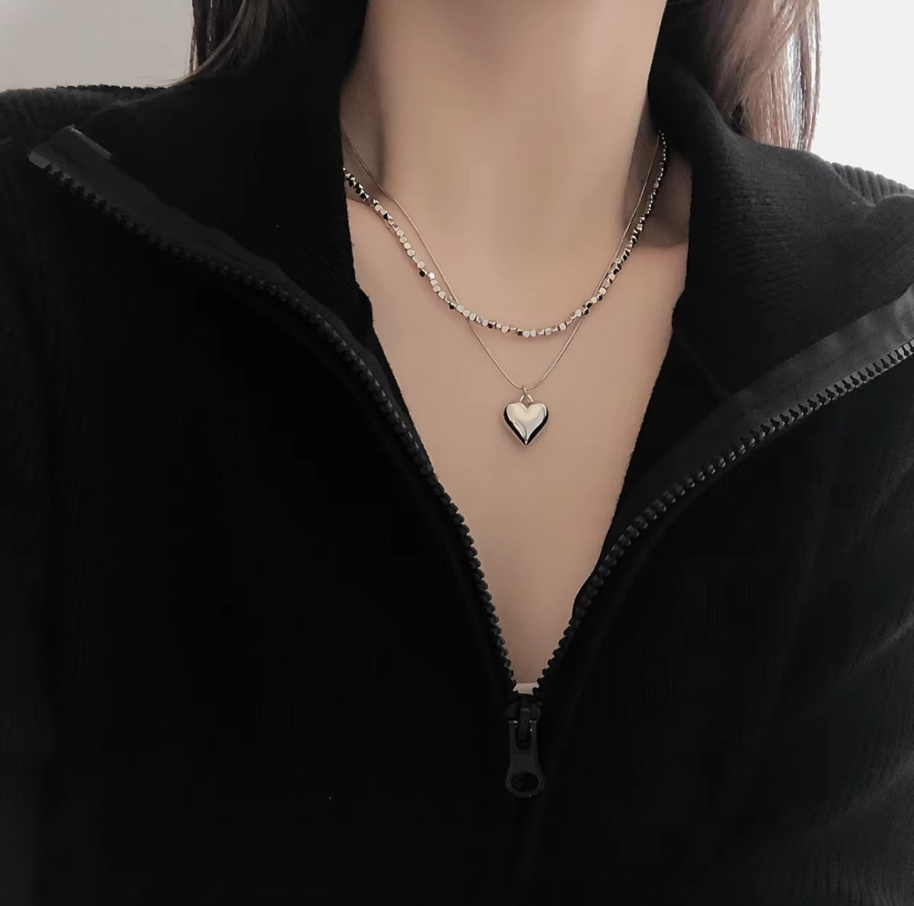 Double layer silver geometric beads & heart drop necklace