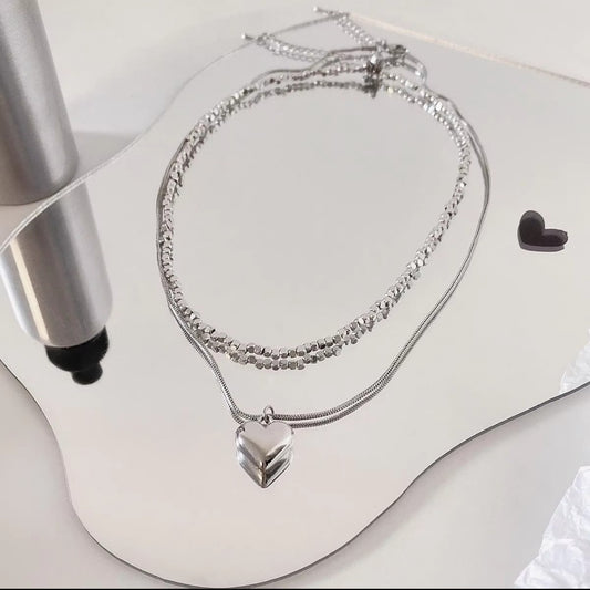 Double layer silver geometric beads & heart drop necklace