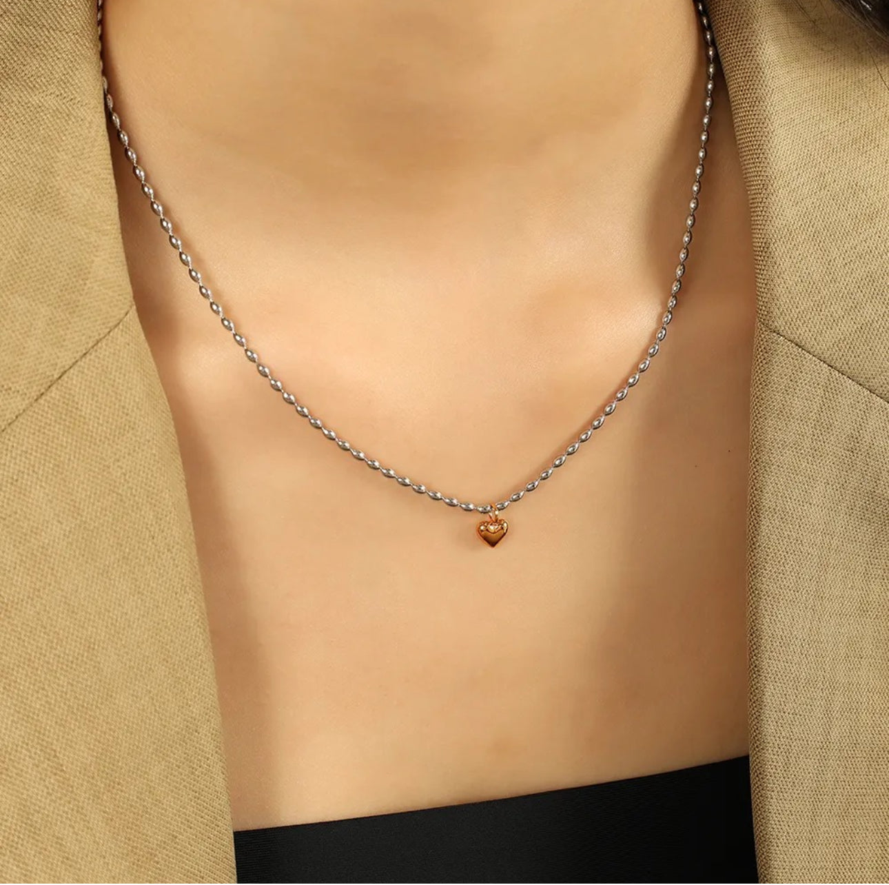 Silver beads chain heart pendant necklace
