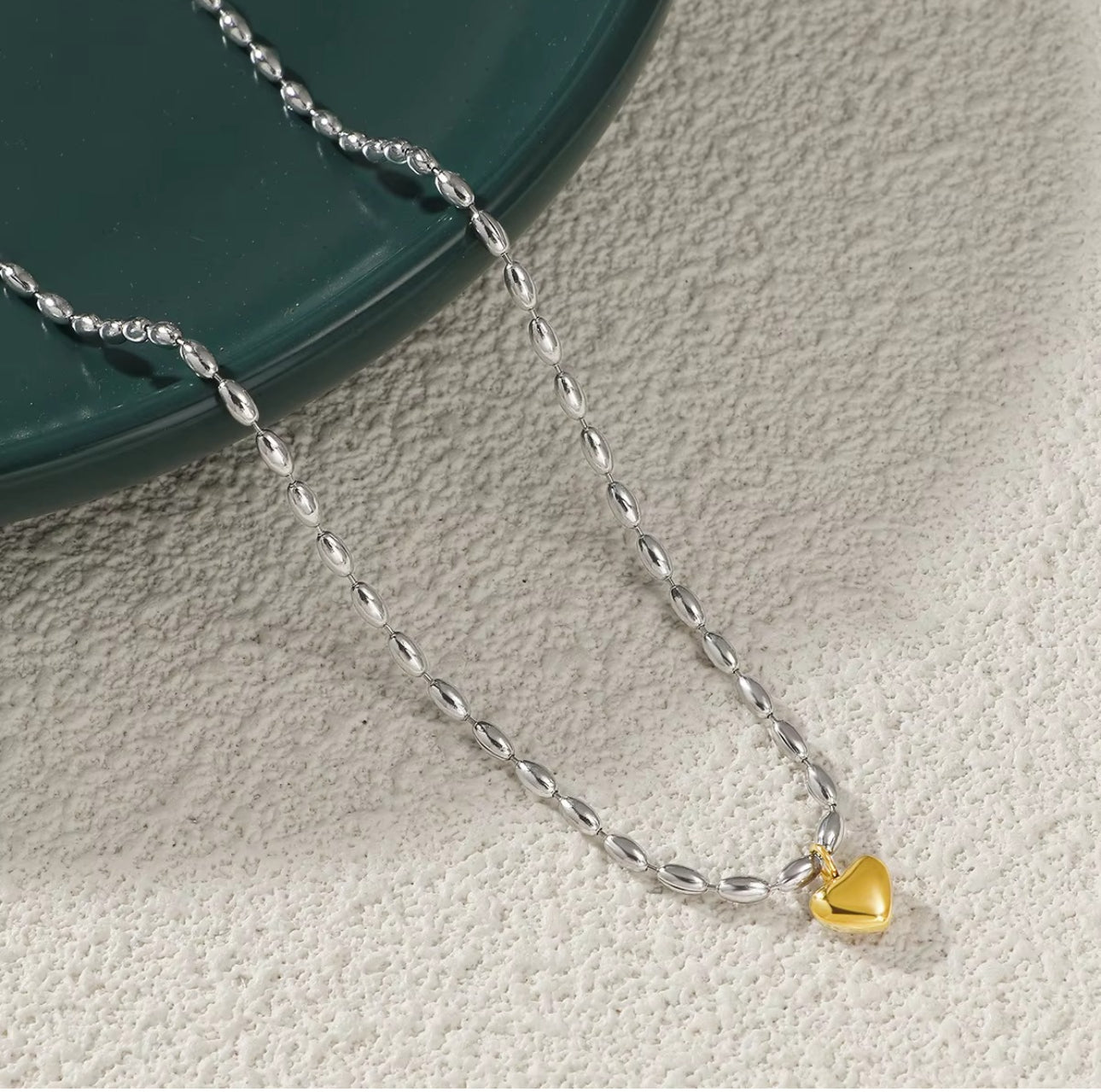 Silver beads chain heart pendant necklace