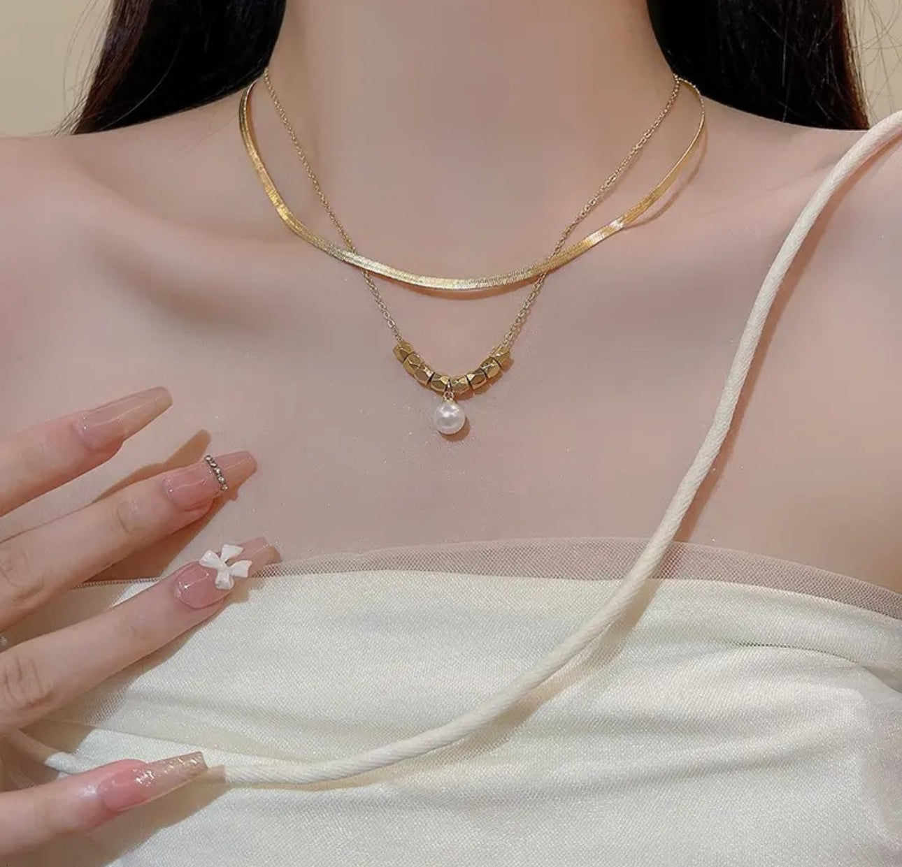 Double layer pearl and beads necklace set
