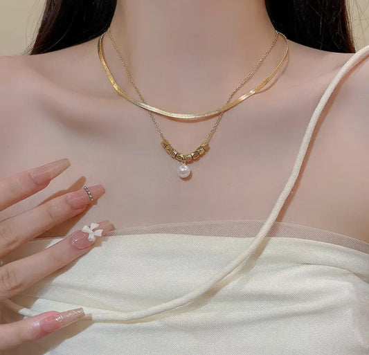 Double layer pearl and beads necklace set
