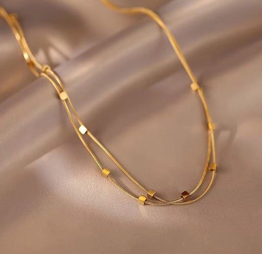 Double layer herringbone cubic square beads necklace