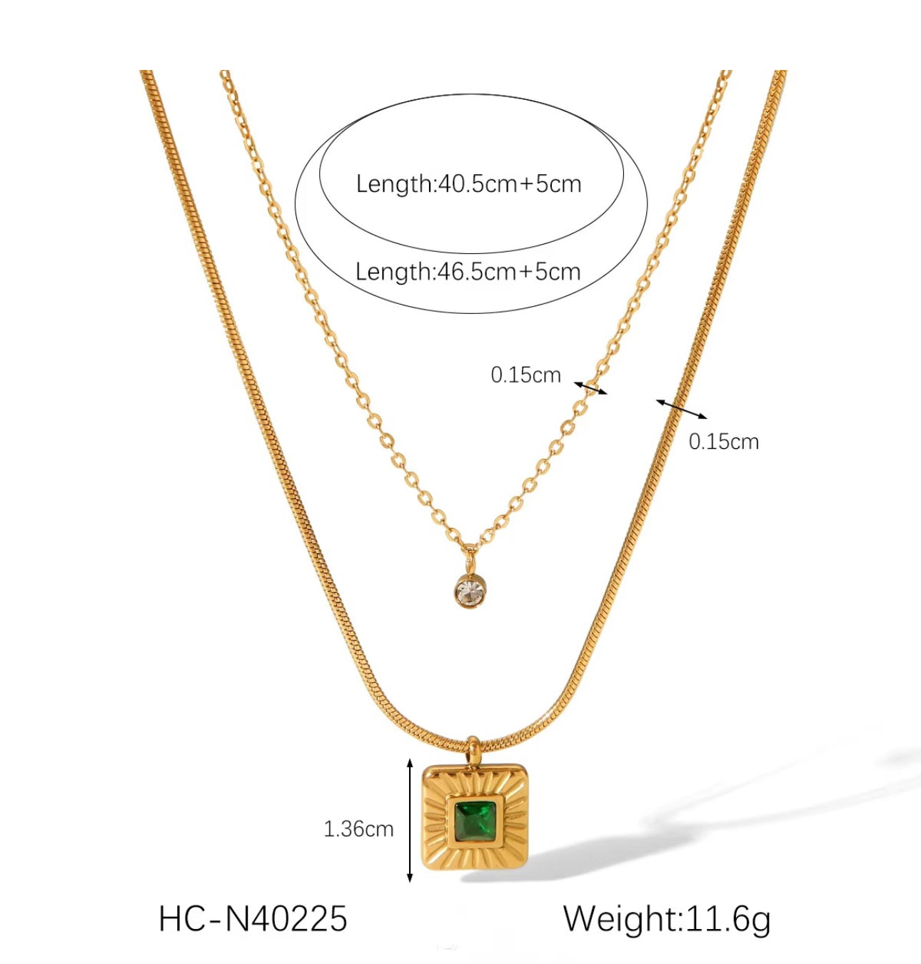 Double layer emerald textured square pendant necklace