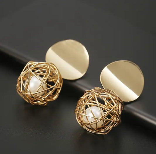 geometric round mesh faux pearl drop earrings