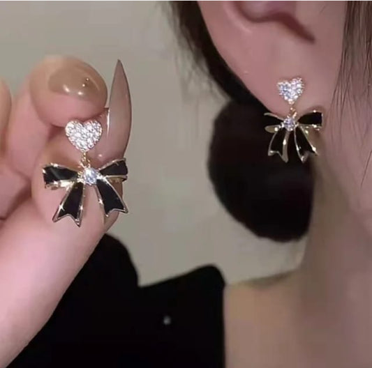 Black stone  drop bow earrings