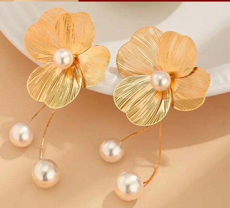 Golden flower with  Pearl drop  stud earrings