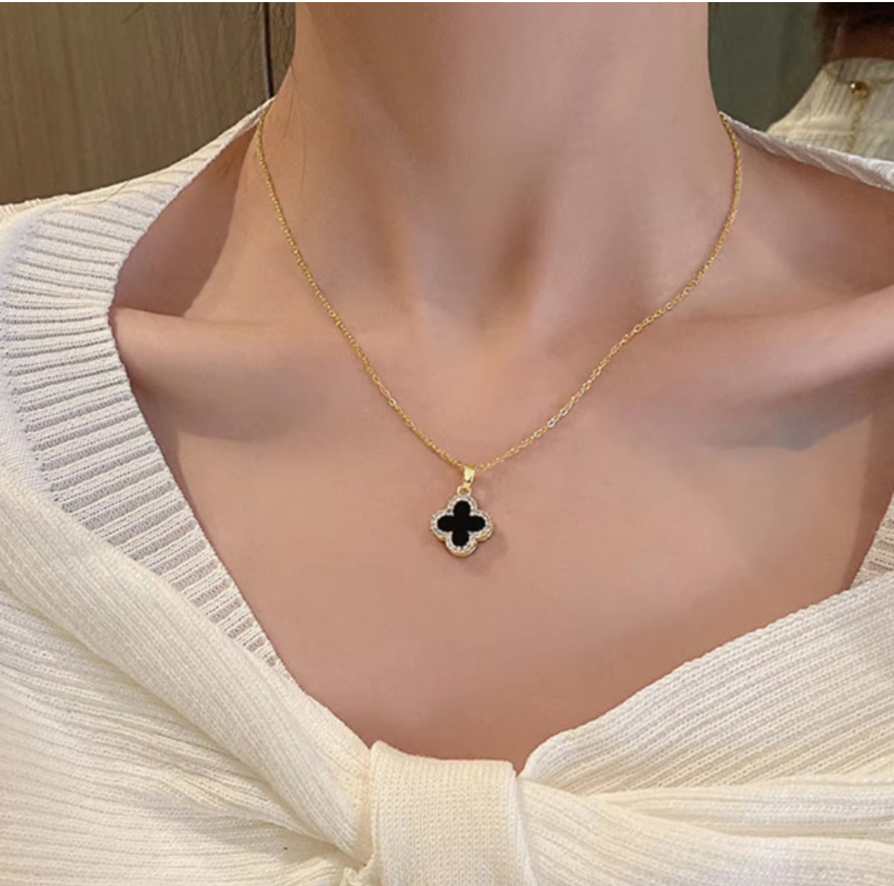 Black and white flip golden flower  anti tarnish chain