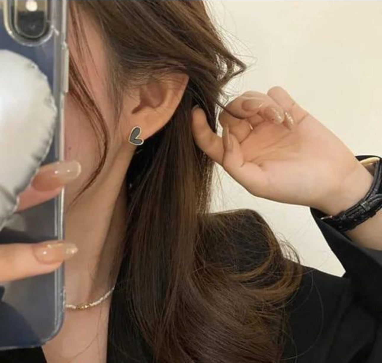 Black enamel heart stud earrings