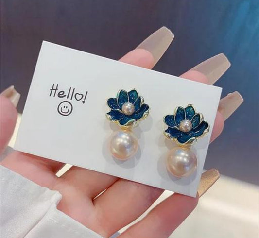 Blue  enamel flower with pearl drop dangler