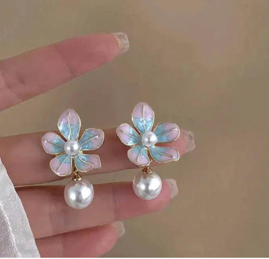 Pink  enamel flower with pearl drop dangler
