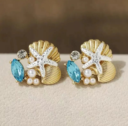 . Amazing metal gold plated starfish shell pearl earrings