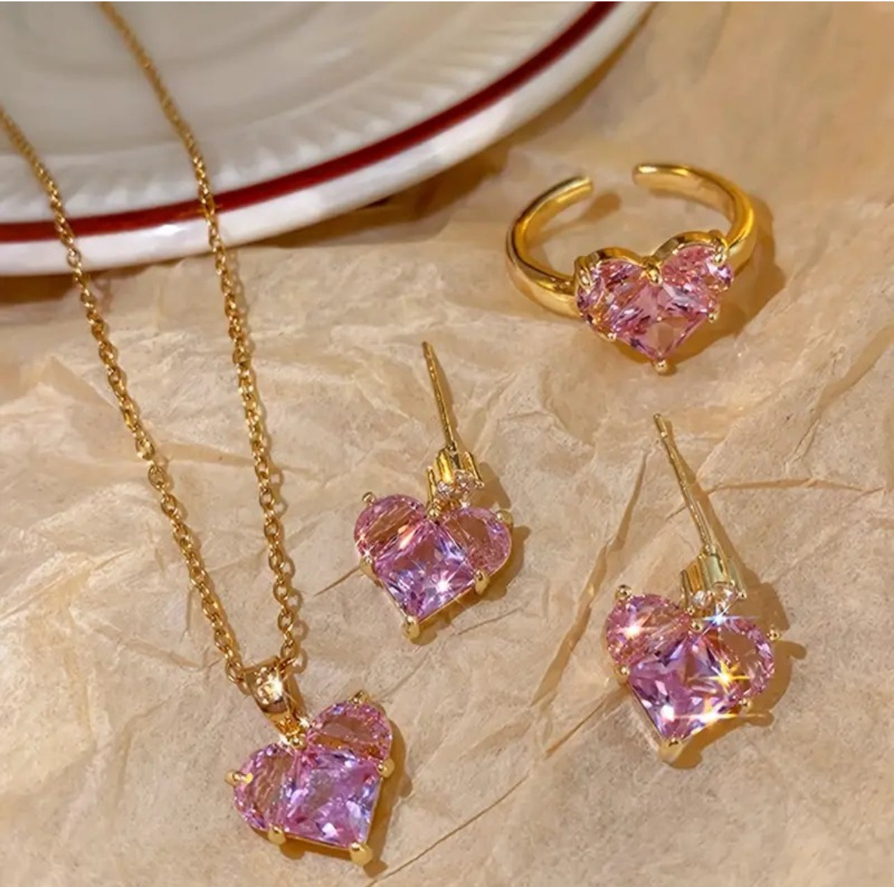 Pink crystal diamond cut heart set