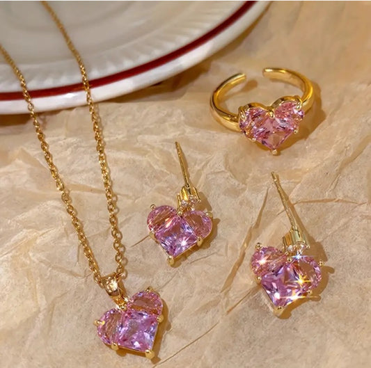 Pink crystal diamond cut heart set