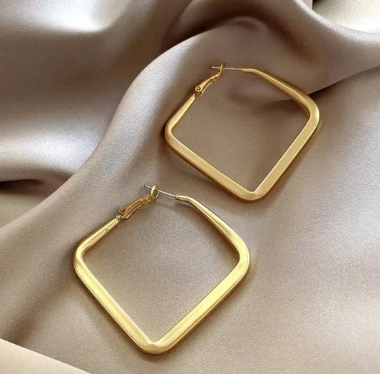 Big square light matte gold colour hoop earrings