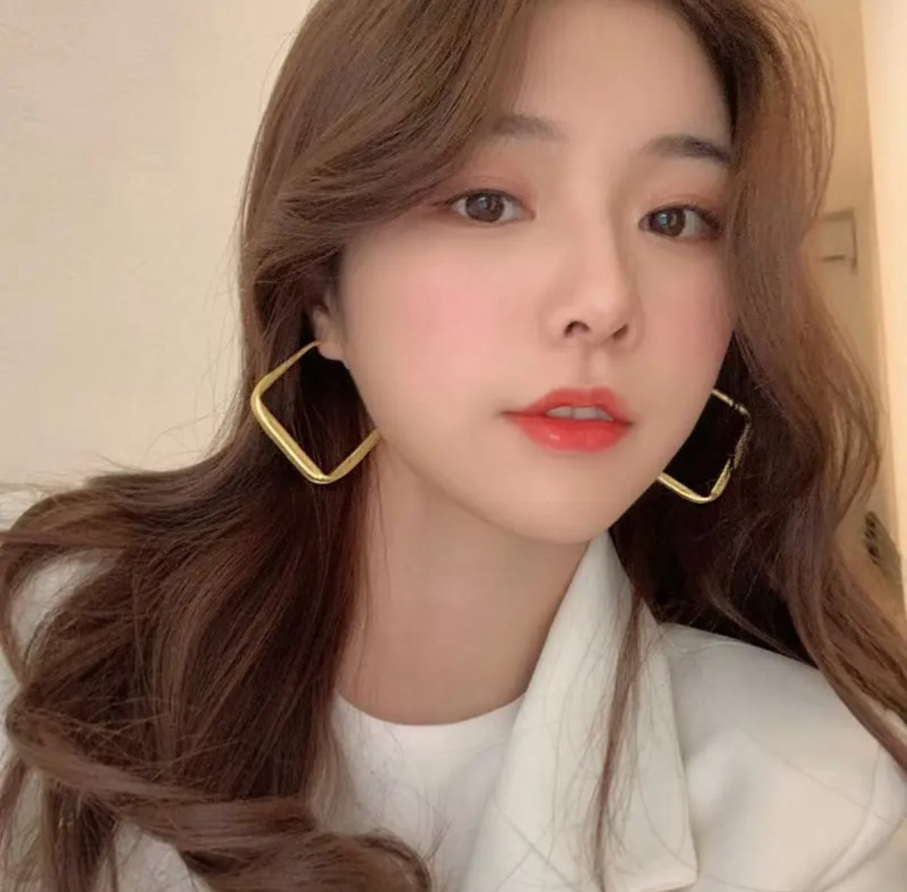 Big square light matte gold colour hoop earrings