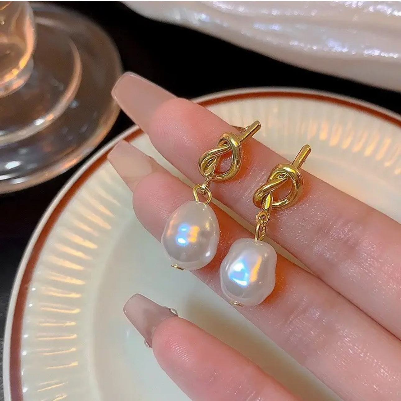 Knotted pearl drop  dangle earrings