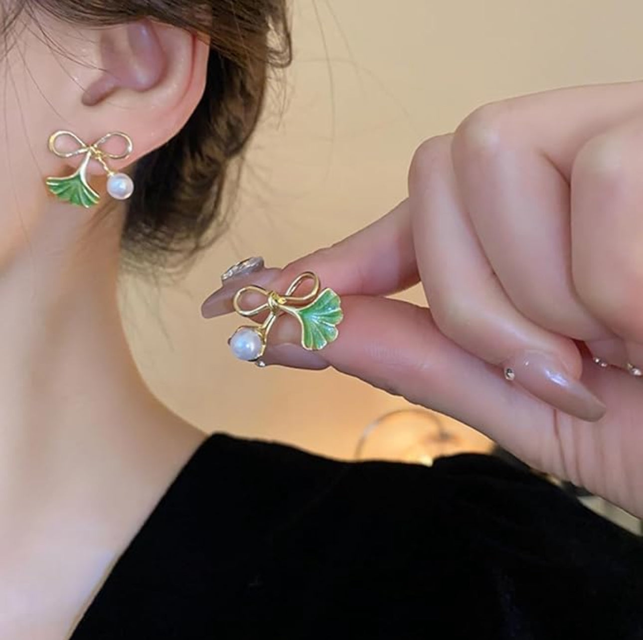 . Enamel pearl bow  ginkgo leaf  stud earrings