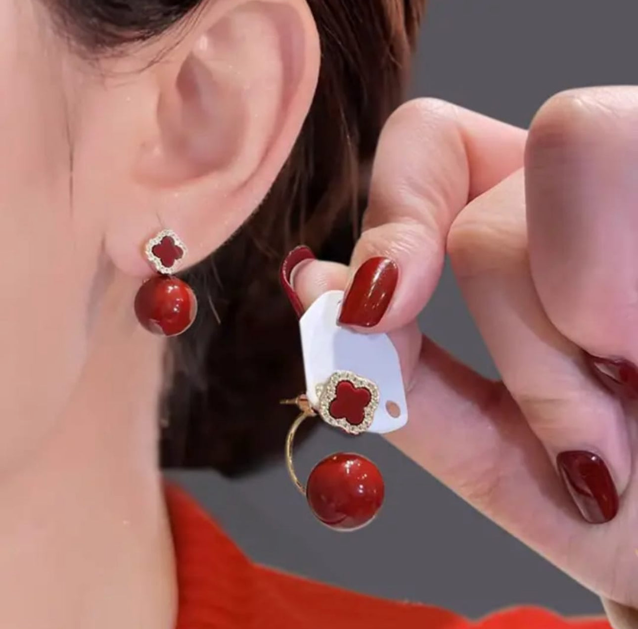 French style red clover ball  stud   earrings