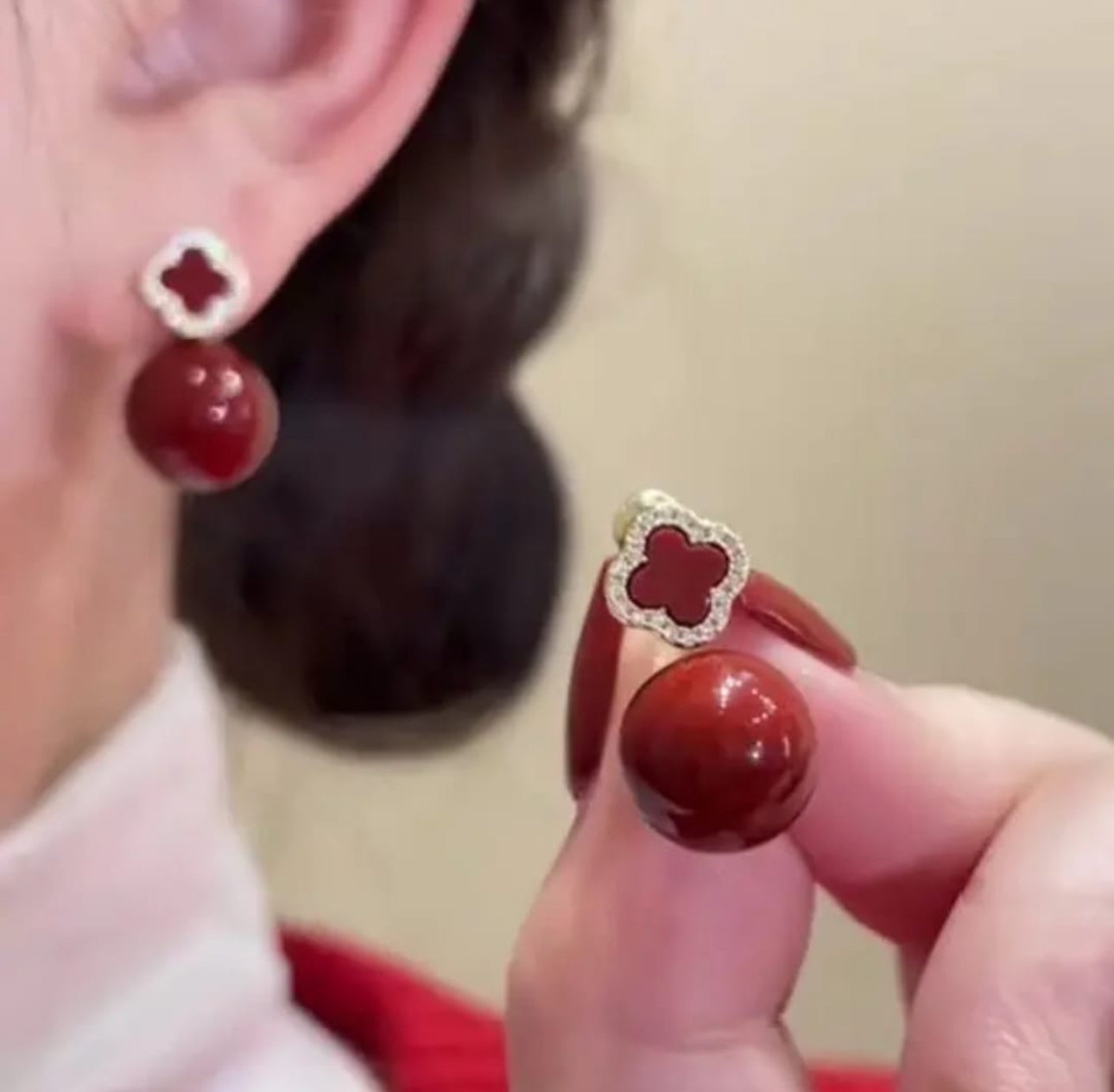 French style red clover ball  stud   earrings