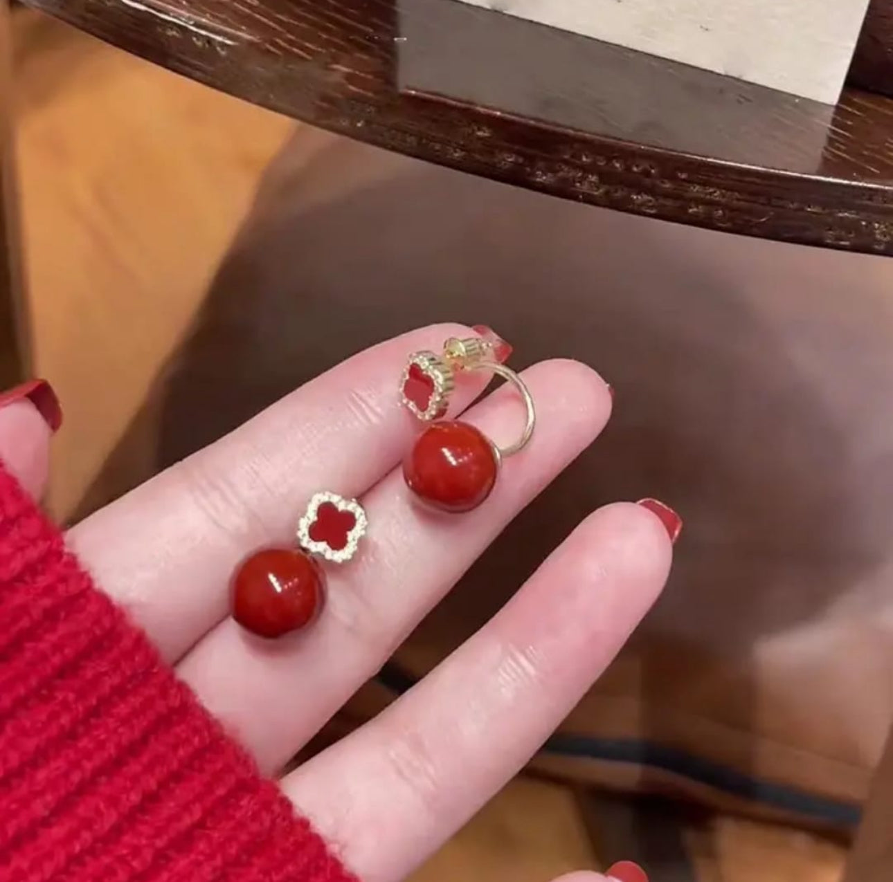 French style red clover ball  stud   earrings