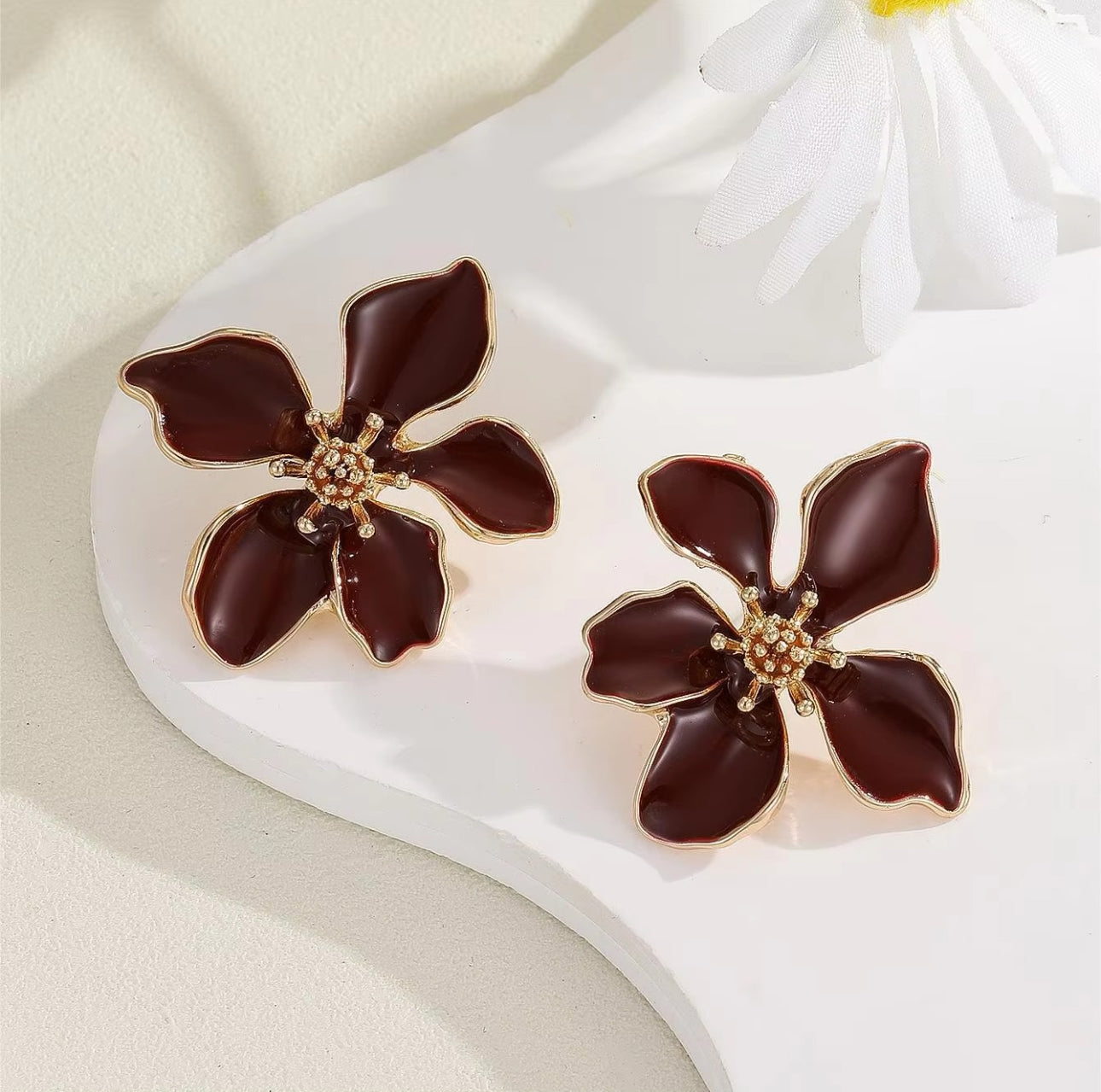 Brown  Enameled  flora  stud earrings