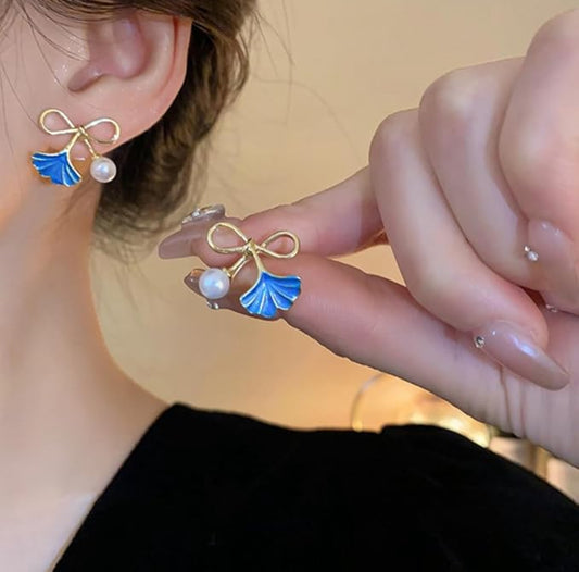 . Blue Enamel pearl bow  ginkgo leaf  stud  earrings