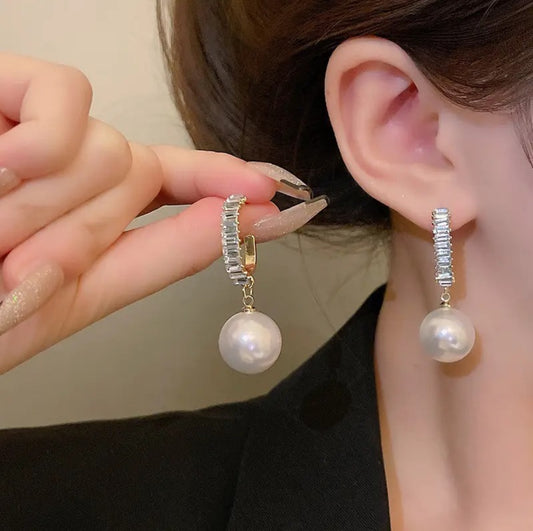 . Clip diamond  hoop pearl drop earrings