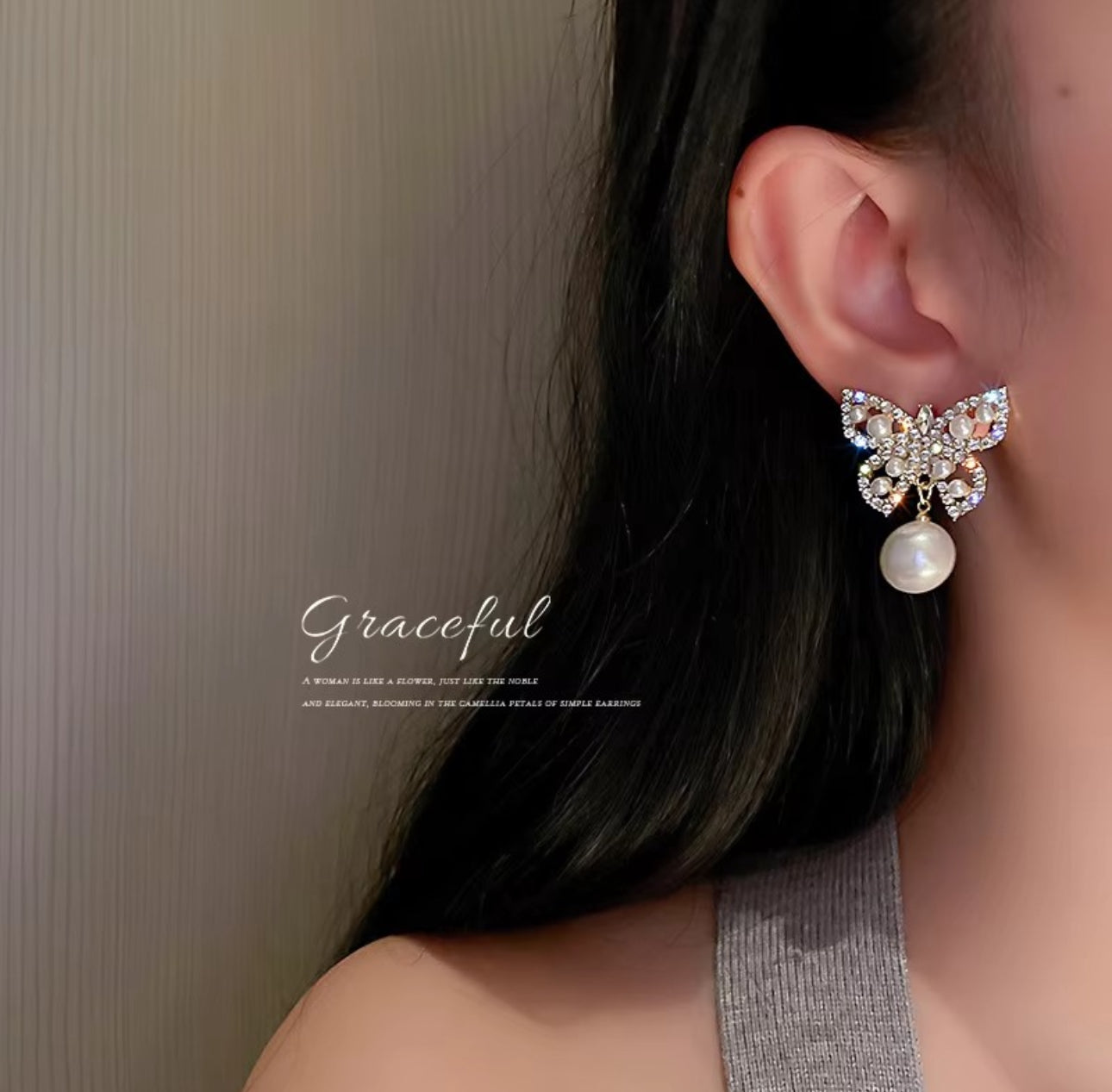 Stone and Pearl butterfly stud earrings