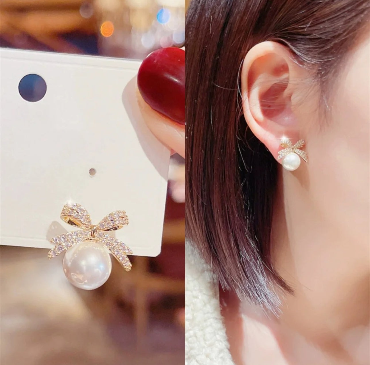 Pearl bow stud earrings