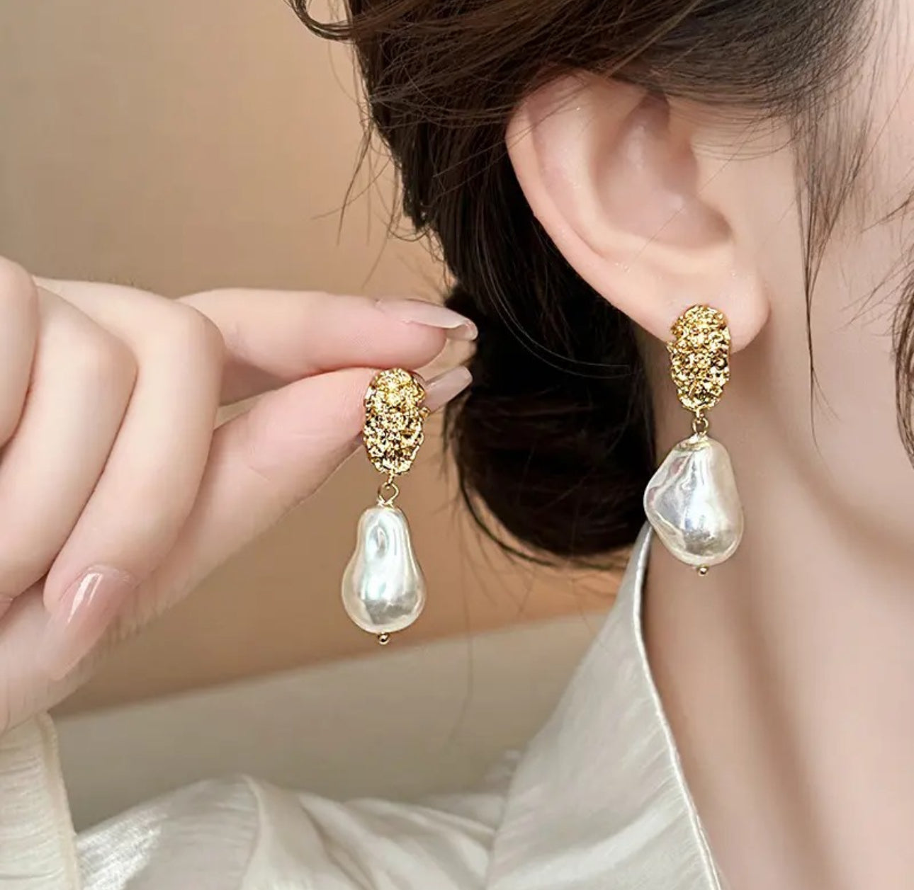 Asymmetric  pearl drop  gold foil earrings