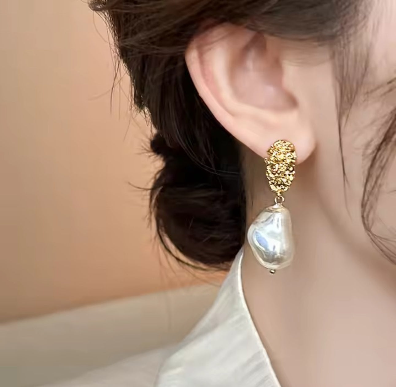 Asymmetric  pearl drop  gold foil earrings
