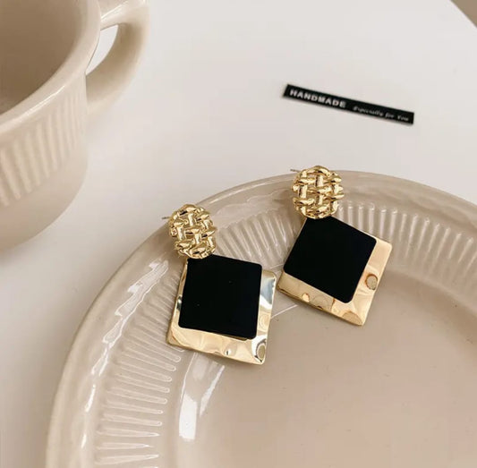. Black And gold geometric square dangle earrings