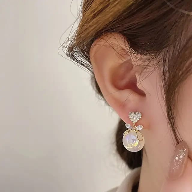 Trendy heart bow pearl drop dangler earrings