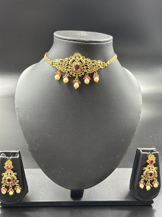 Ruby gold plated choker set